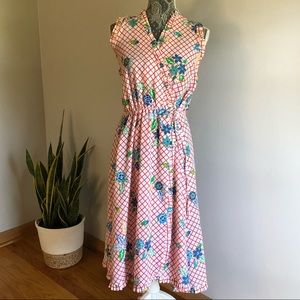 Vintage wrap dress large red check blue green floral tank midi ruffle sundress